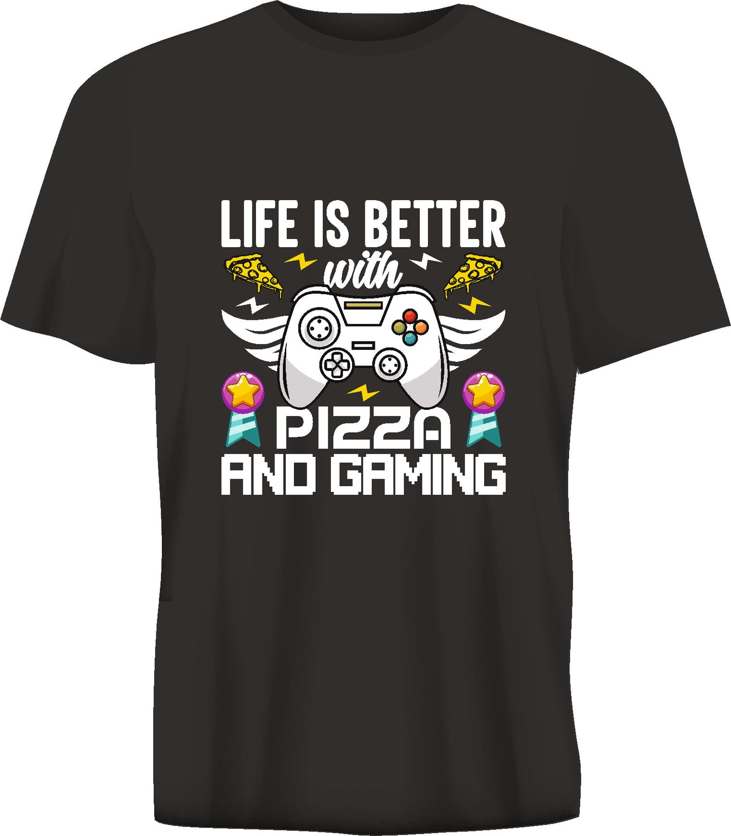Short sleeve t-shirt LIFE IS BETTER WITH PIZZA AND GAMING black TS114
